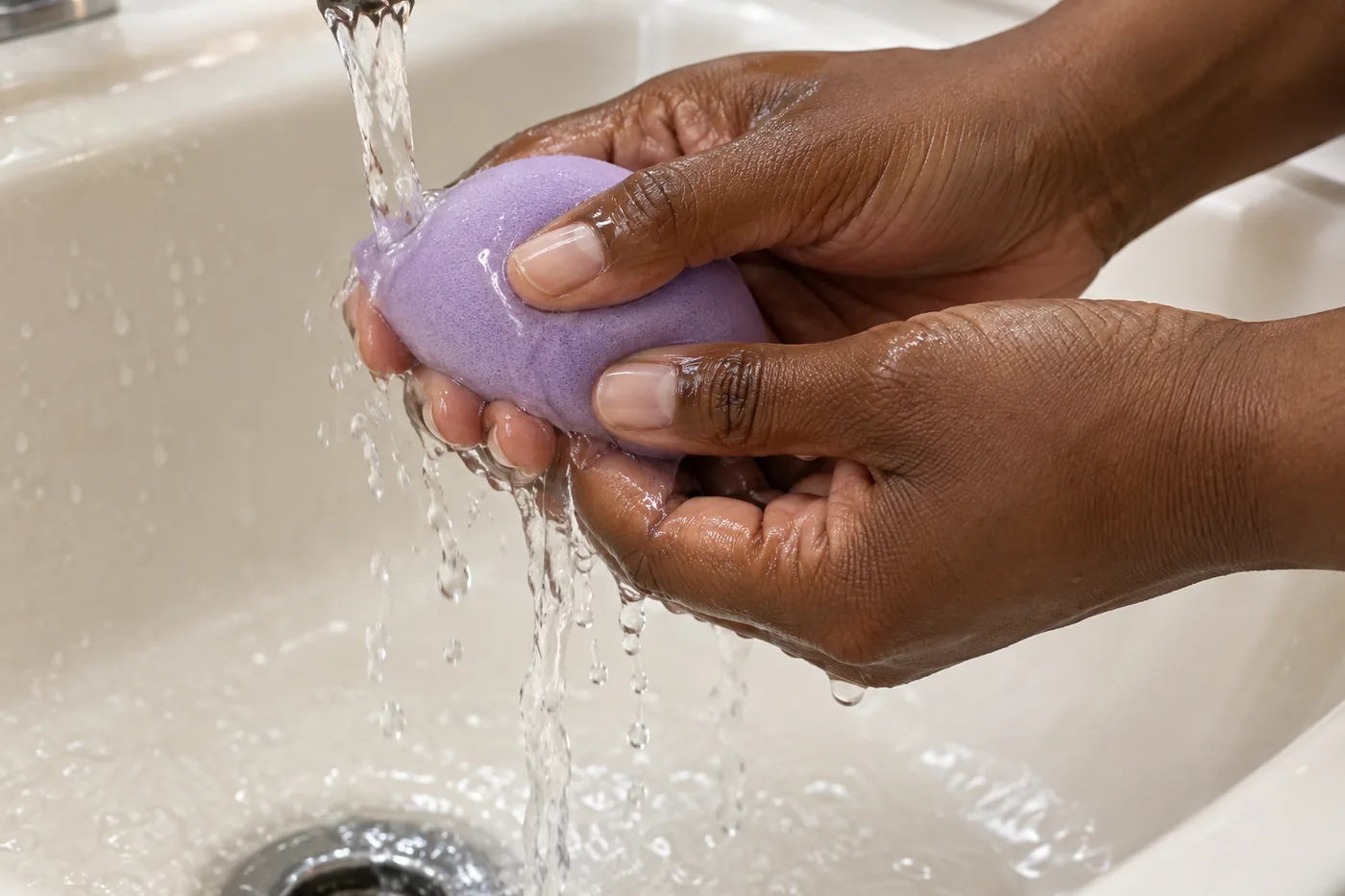 Mãos de pele marrom-escura comprimem delicadamente esponja lavanda sob água corrente sobre pia creme