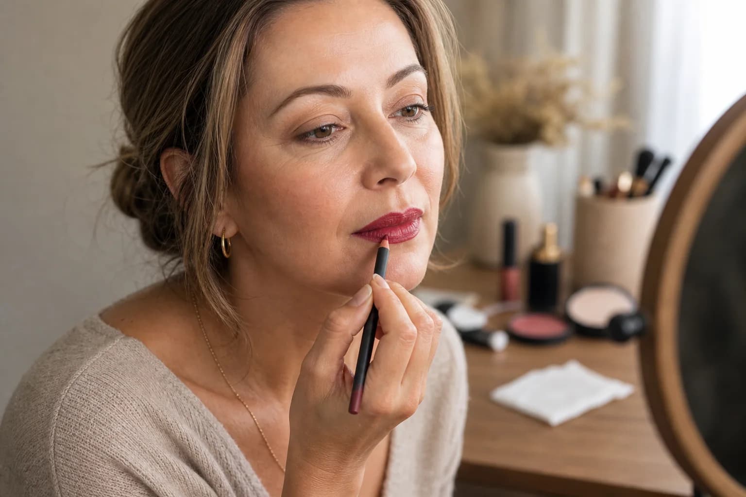 Donna che definisce con cura il contorno delle labbra color berry con una matita