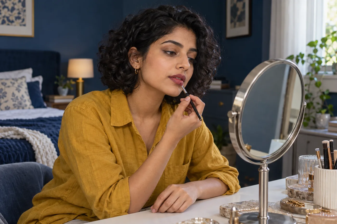 Femme posant peu de couleur baie avec un pinceau à lèvres devant un miroir sur pied