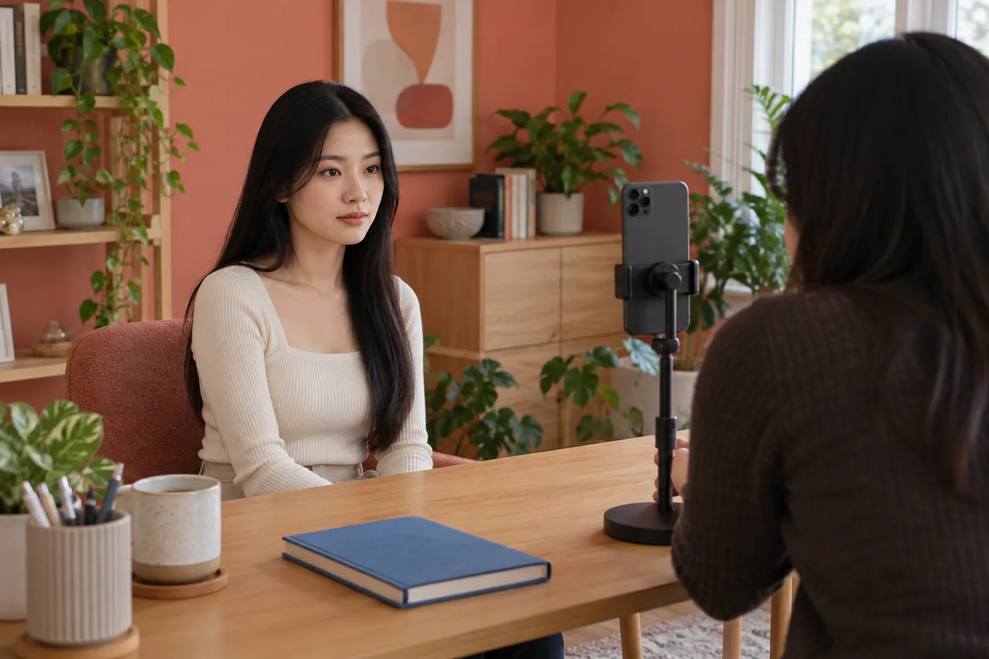 Femme détendue face à un téléphone sur pied pendant qu'une amie réalise son portrait