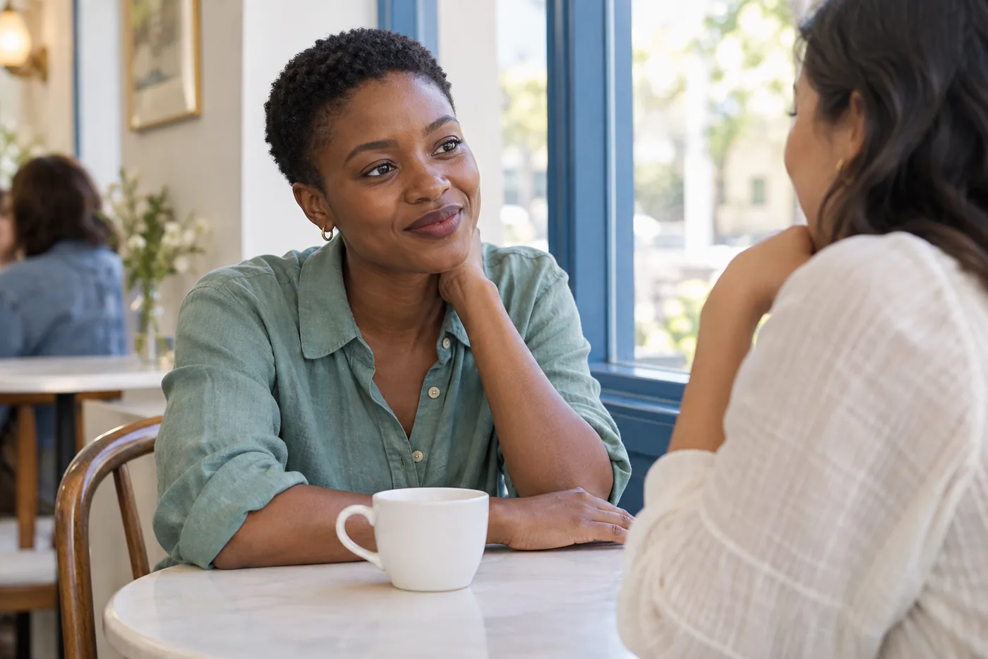 Femme aux lèvres prune discrètes conversant avec une amie près de la fenêtre d'un café
