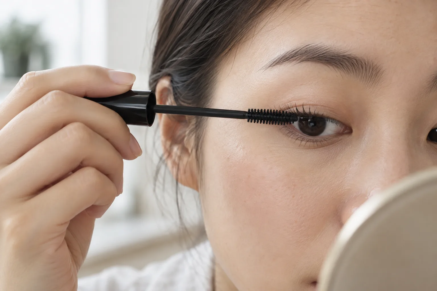 Close detail of a young East Asian woman applying one thin controlled coat of black mascara to her upper lashes in daylight