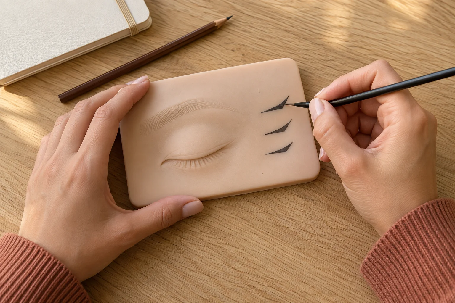 Adult hands practicing three eyeliner wing angles with a fine brush on a reusable silicone makeup practice pad