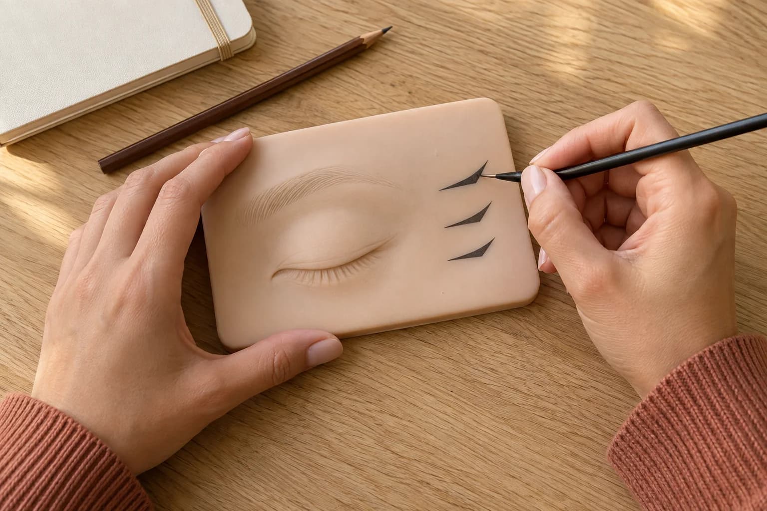 Erwachsene Hände üben drei Winkel für Eyeliner Flügel mit einem feinen Pinsel auf einer wiederverwendbaren Silikonfläche