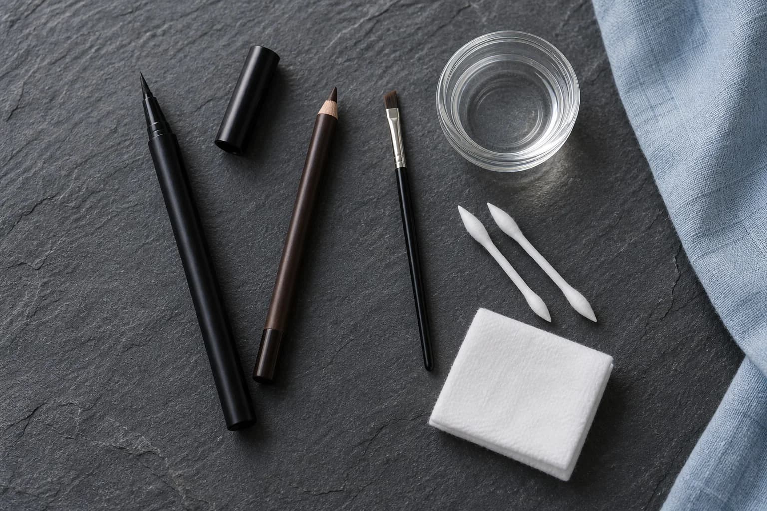 Eyeliner Stift ohne Markenaufdruck, brauner Kajal, feiner Pinsel, spitze Wattestäbchen, Mizellenwasser und fusselfreies Pad auf dunklem Schiefer