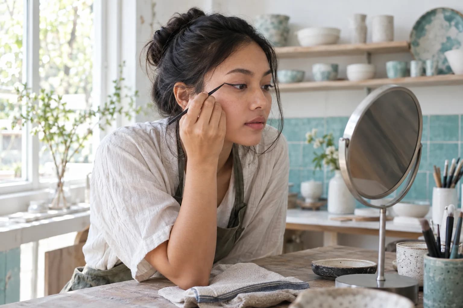 Junge südostasiatische Frau übt einen kleinen Eyeliner Flügel an einem hellen Arbeitstisch in einem Keramikstudio