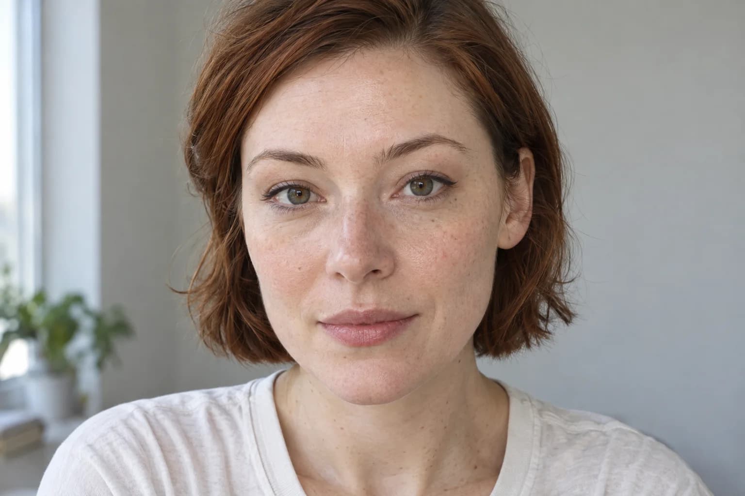 Junge hellhäutige Frau mit kurzen kupferbraunen Haaren prüft kleine braune Eyeliner Flügel mit entspannt geöffneten Augen im Tageslicht