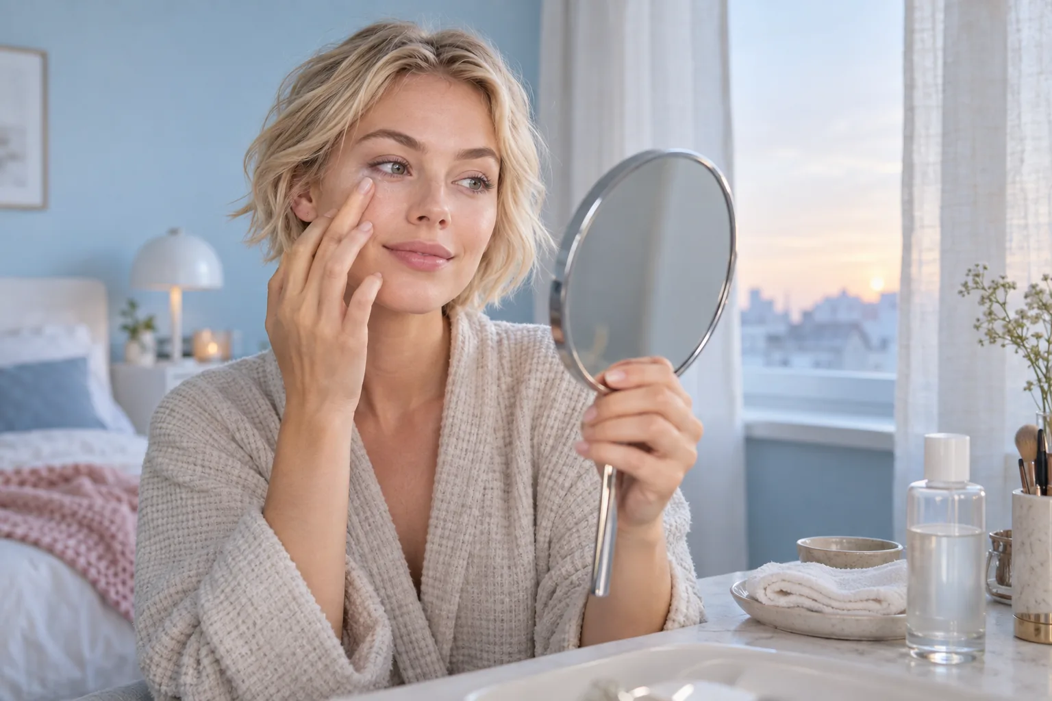 Young Scandinavian woman checking clean lashes in a handheld mirror at a pale blue dawn vanity
