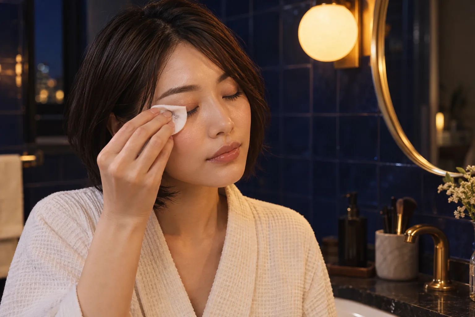 Young Japanese woman gently holding a cotton pad against closed lashes in a warm indigo bathroom