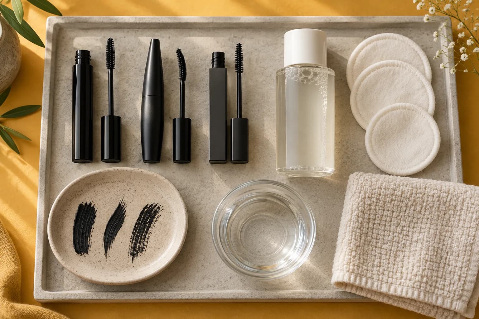 Three unbranded mascara formats, eye remover, soft pads and washcloth arranged on a saffron vanity tray