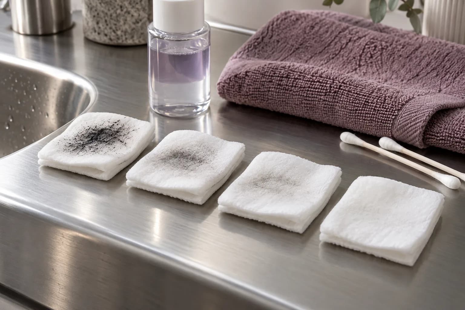 A sequence of folded cotton pads with decreasing charcoal mascara traces beside remover and cotton swabs