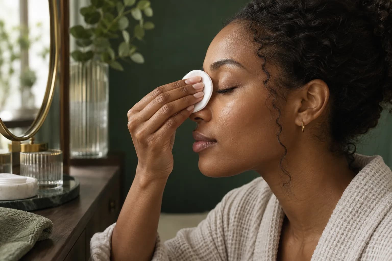 Young Black woman holding a saturated cotton pad over closed lashes beside a forest-green vanity