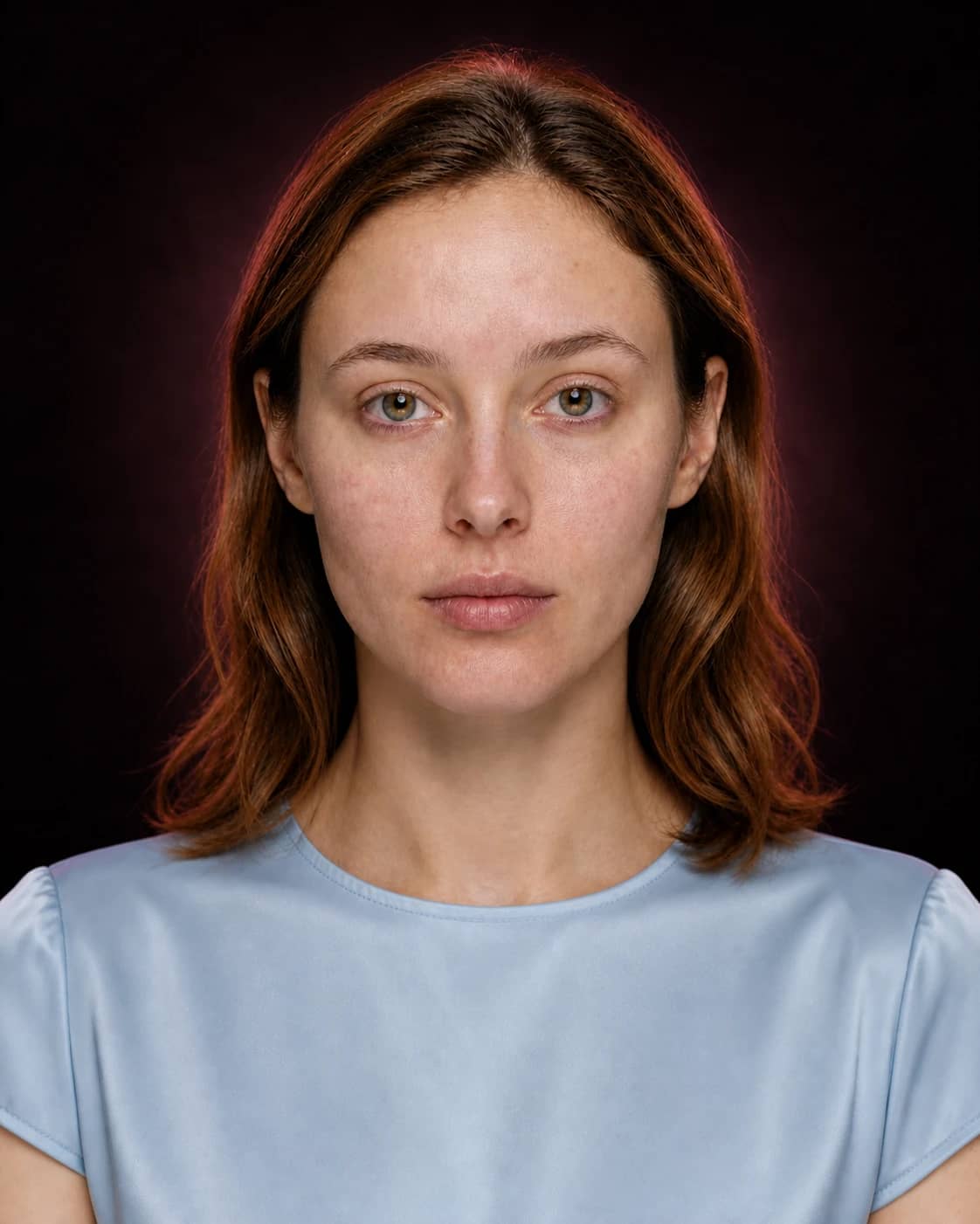 Fair-skinned hazel-eyed woman before a warm-neutral color direction