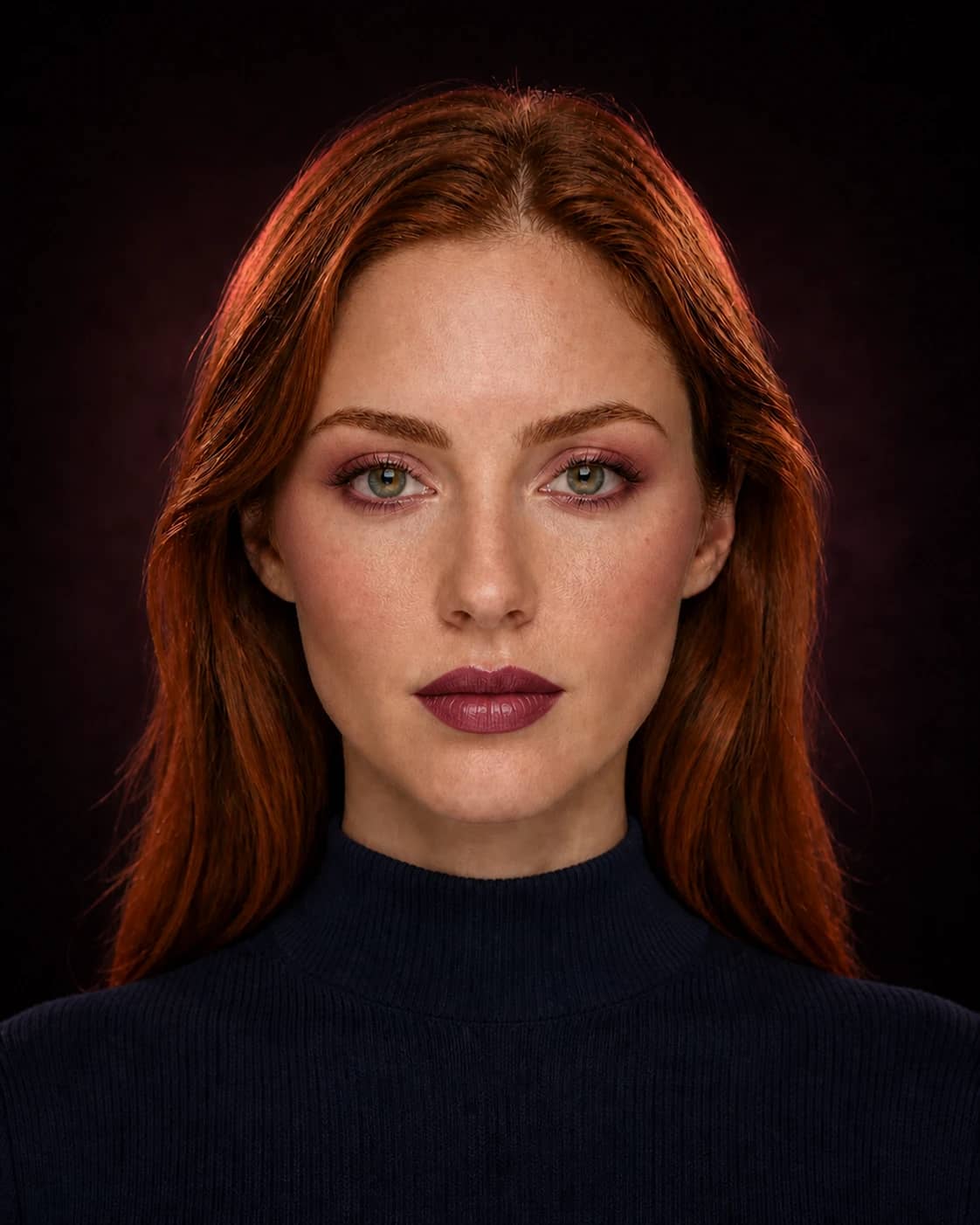 Portrait after a complete AI-generated berry-plum editorial makeup look