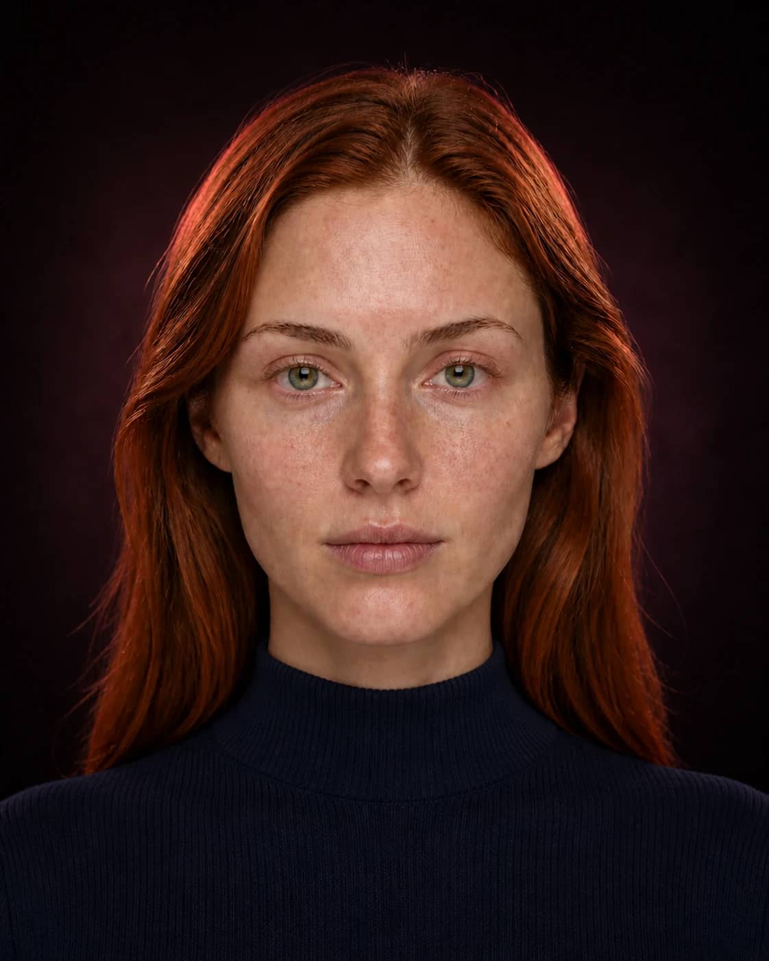 Fair-skinned red-haired woman before a generated editorial makeup look