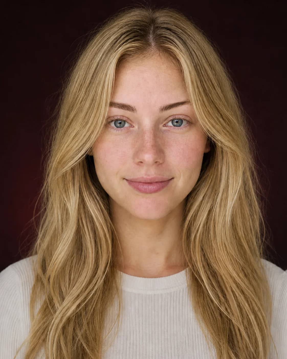 Blonde blue-eyed woman before a soft bridal makeup preview
