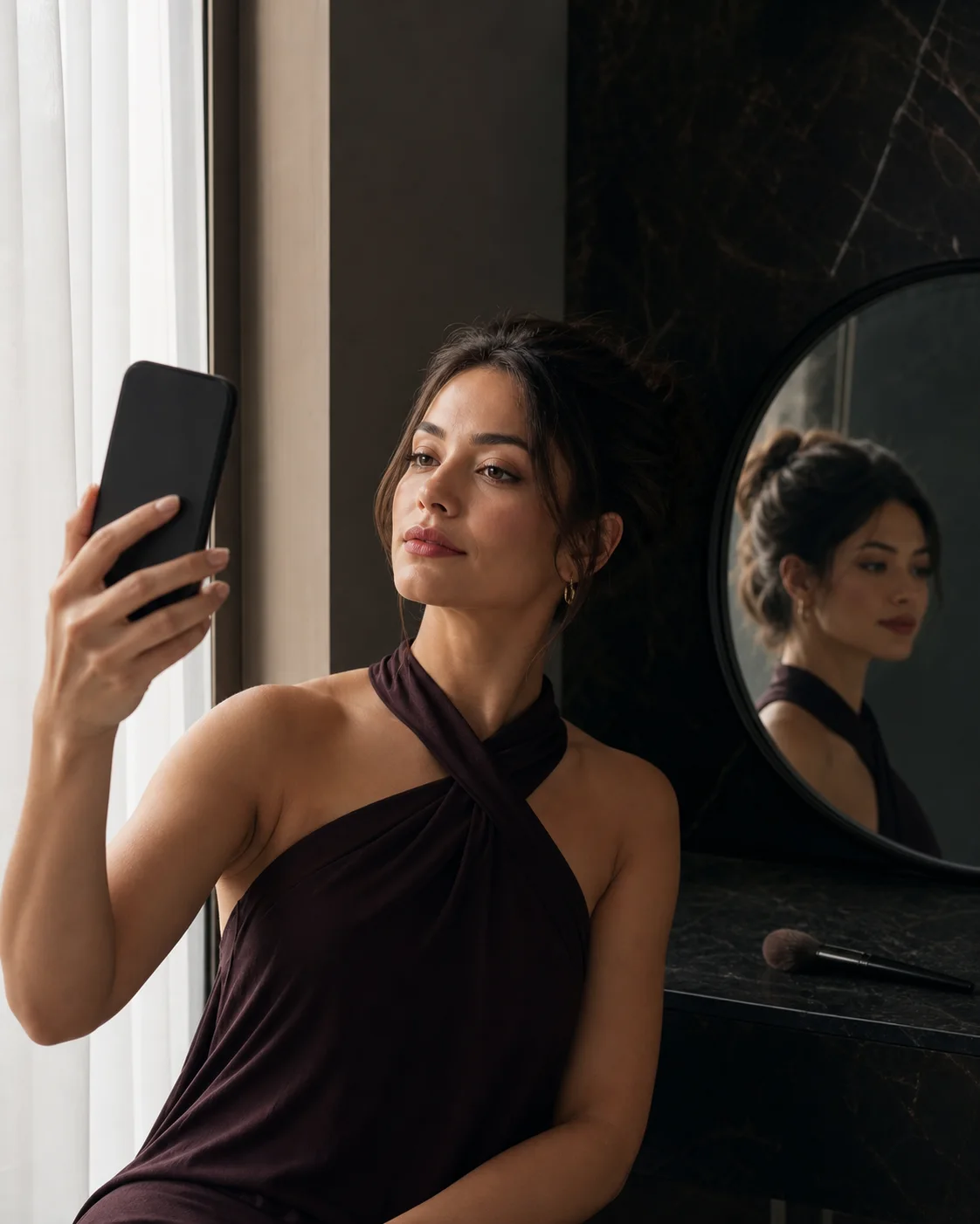 Woman taking a clear portrait beside a softly lit window